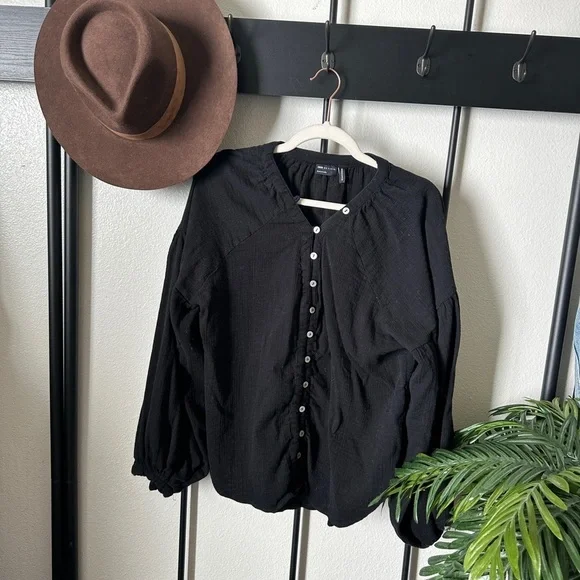 ASOS black gauzey oversized button poet sleeve blouse top cottage core shirt top - Picture 1 of 4